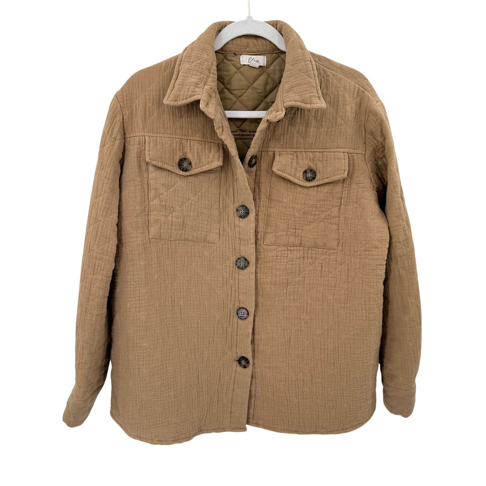 Elan‎ Quilted Gauze Shirt Jacket Womens Medium Camel Tan Button Shacket JKQ8170